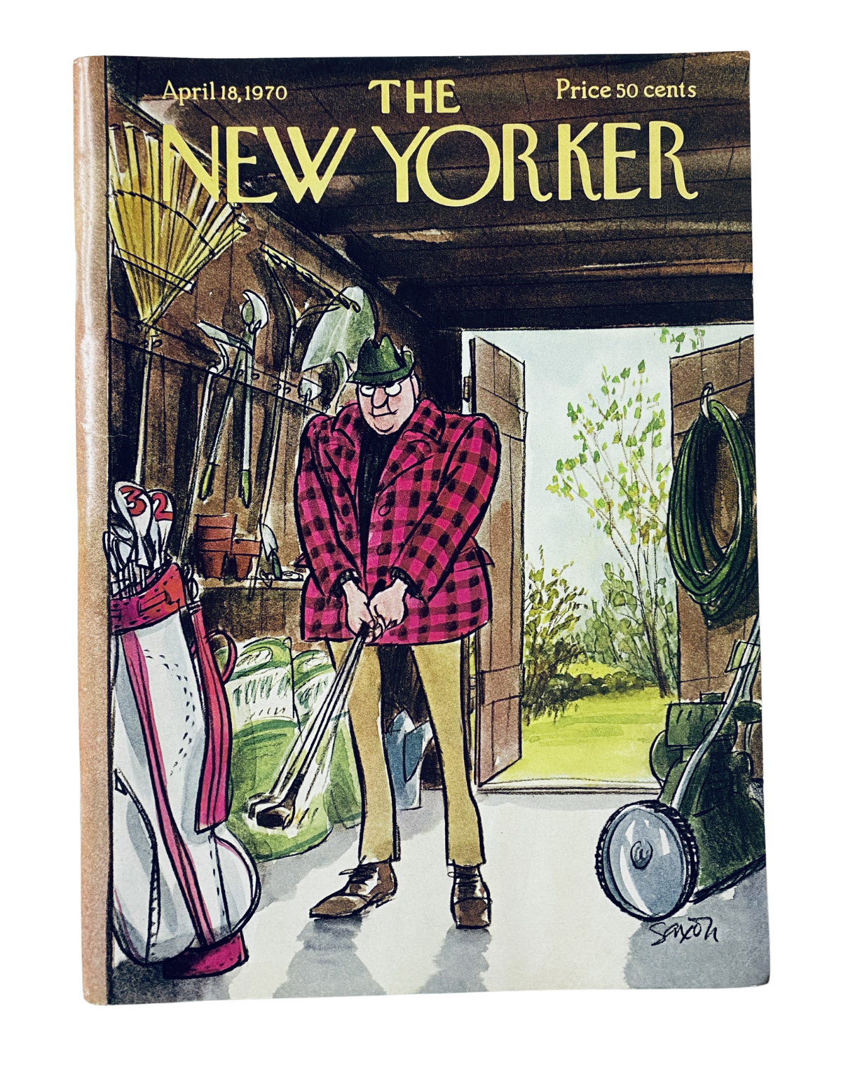 The New Yorker Magazine April 18, 1970 Charles Saxon Golfer Garage Cover VG