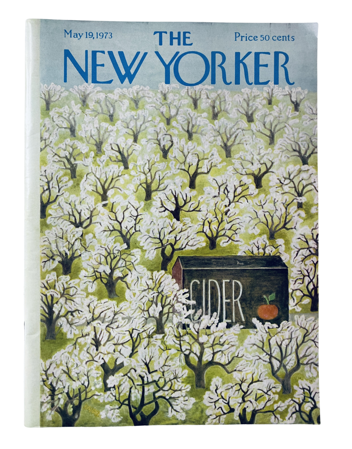 Cover of The New Yorker Magazine May 19, 1973 featuring an illustration of an orchard in bloom with a cider shed.