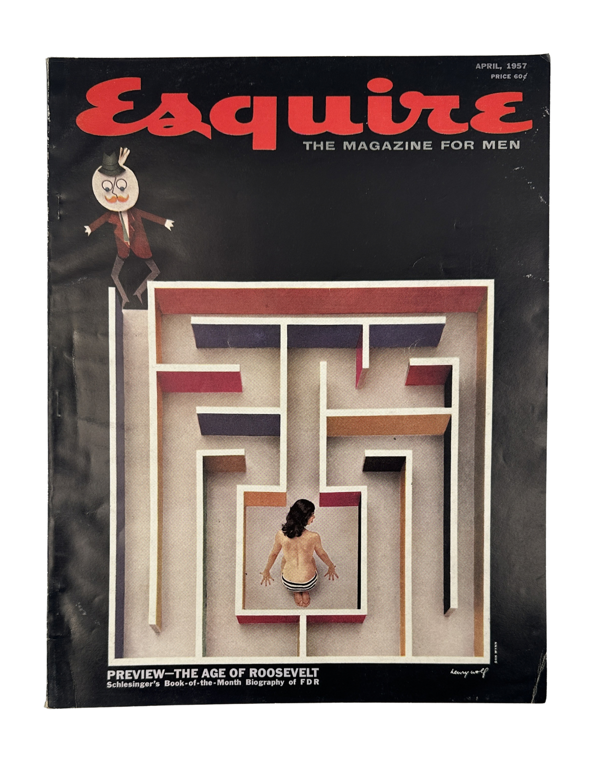 Esquire Magazine April 1957 featuring a surreal maze cover art with a woman depicted within it, showcasing an abstract design, and an animated character on the left side of the magazine, a classic vintage publication.