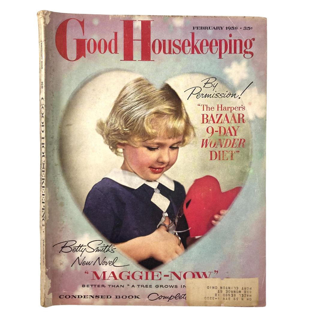 Cover of the February 1958 Good Housekeeping Magazine featuring a young girl and the title 'The Harper's Bazaar 9-Day Wonder Diet'.