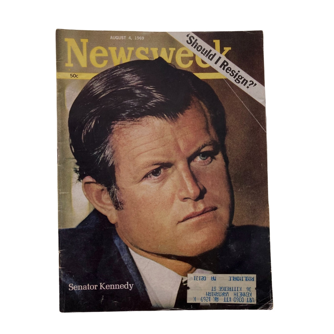 Vintage Newsweek Magazine titled 'Senator Ted Kennedy: Should I Resign?' from August 4, 1969, featuring a close-up of Senator Kennedy on the cover.