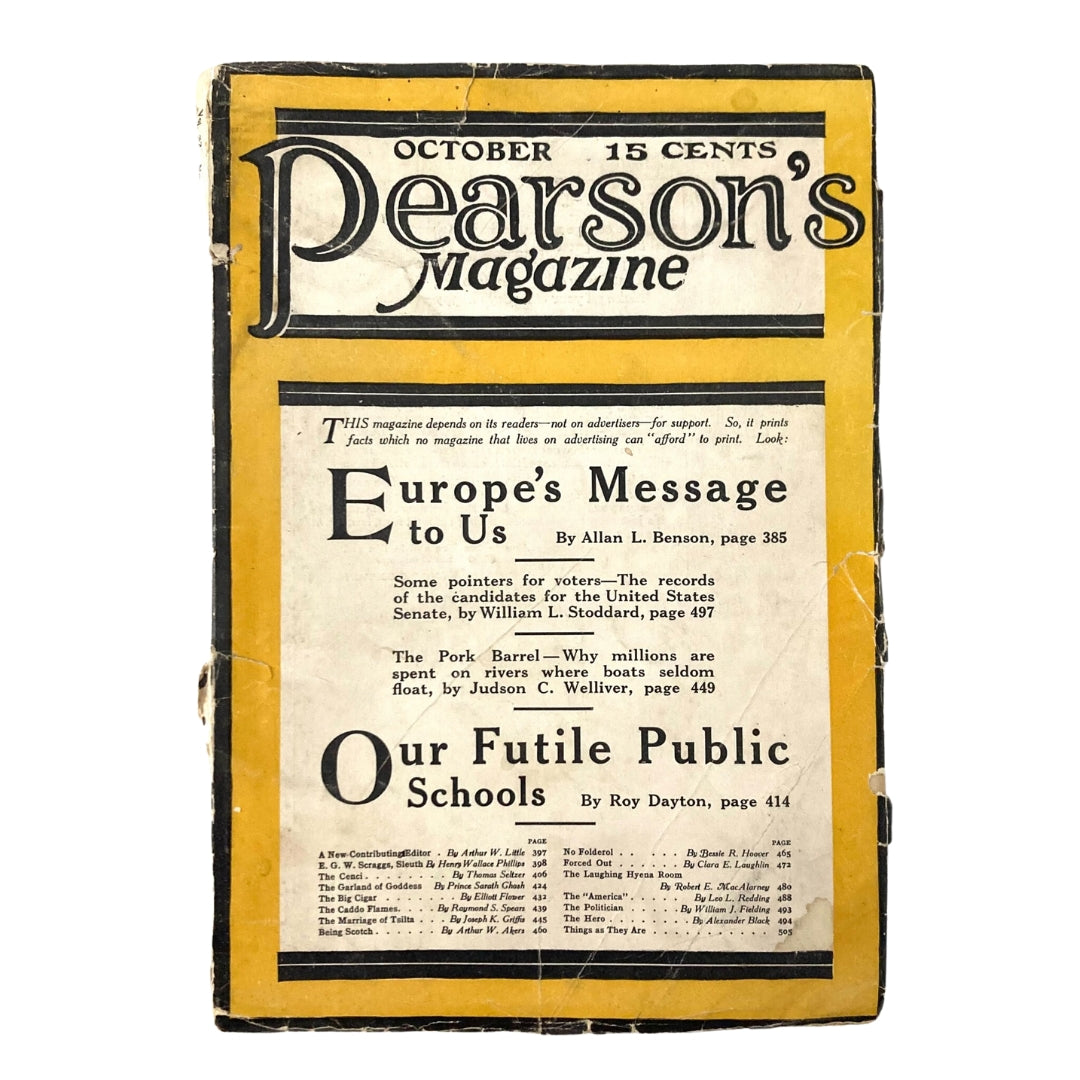 Cover of VTG Pearson's Magazine, October 1914, featuring title 'Pearson's Magazine', issue Vol 32 No. 4, with articles on Europe's message and 'Futile Public Schools'.