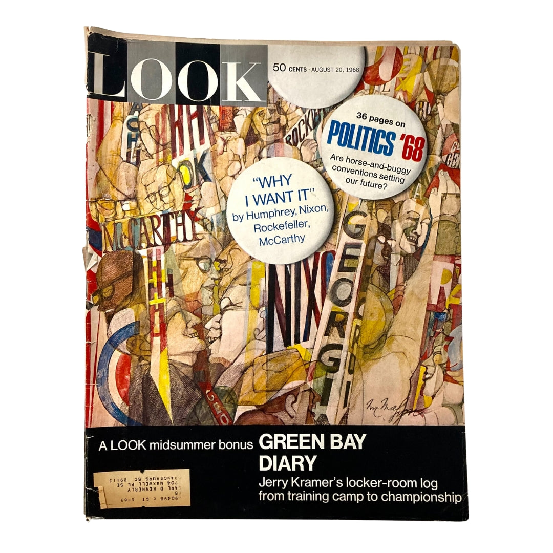 Cover of VTG Look Magazine August 20 1968 featuring artistic illustrations and headlines related to mid-20th century political themes, including 'Green Bay Diary' and 'Why I Want It'.