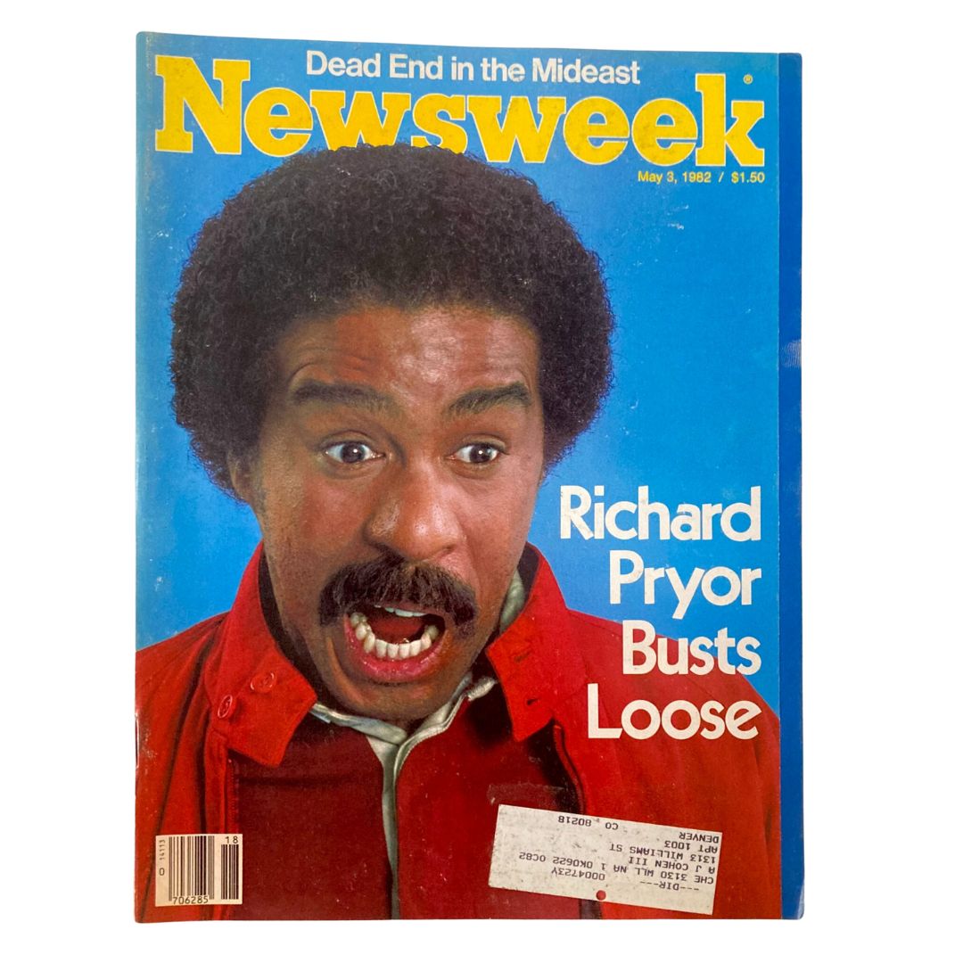 Cover of VTG Newsweek Magazine from May 3, 1982, featuring Richard Pryor Busts Loose, showcasing the comedian's vibrant personality and bold expression against a blue background.