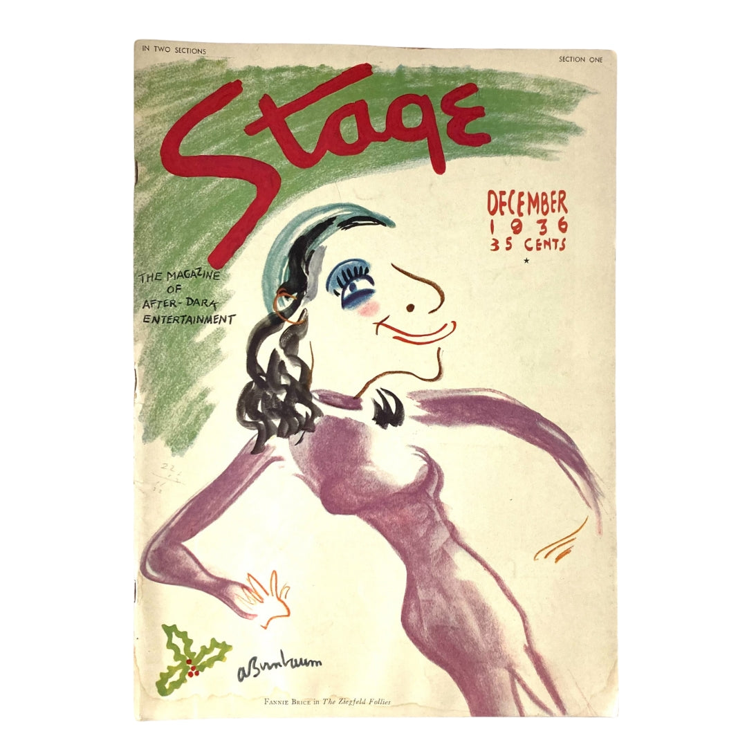 Cover of VTG Stage Magazine December 1936 featuring Fannie Brice in The Ziegfeld Follies, illustrated with vibrant colors and creative design.