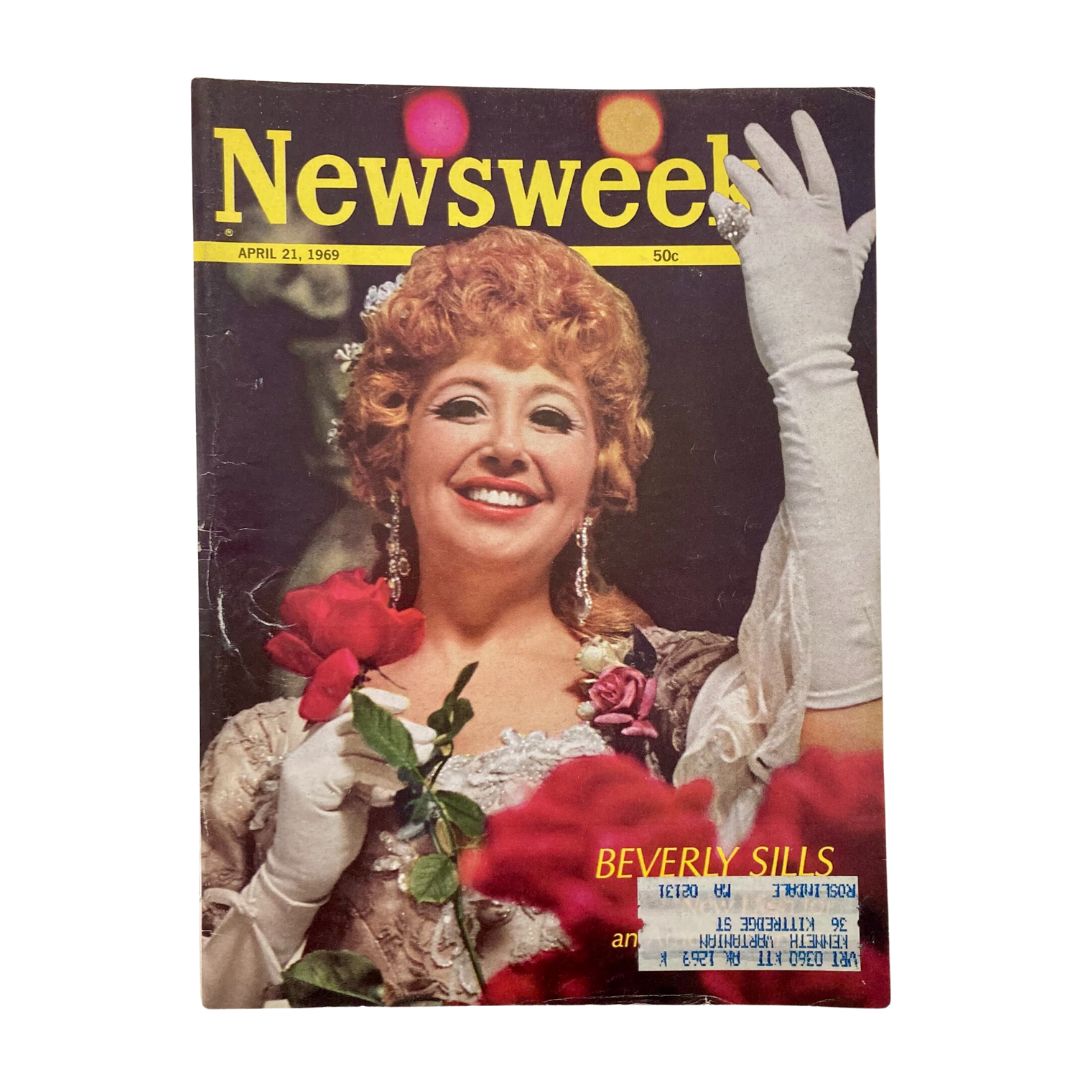 Vintage Newsweek Magazine from April 21, 1969 featuring Beverly Sills on the cover, holding roses and wearing elegant white gloves, highlighting her prominence as an American singer.