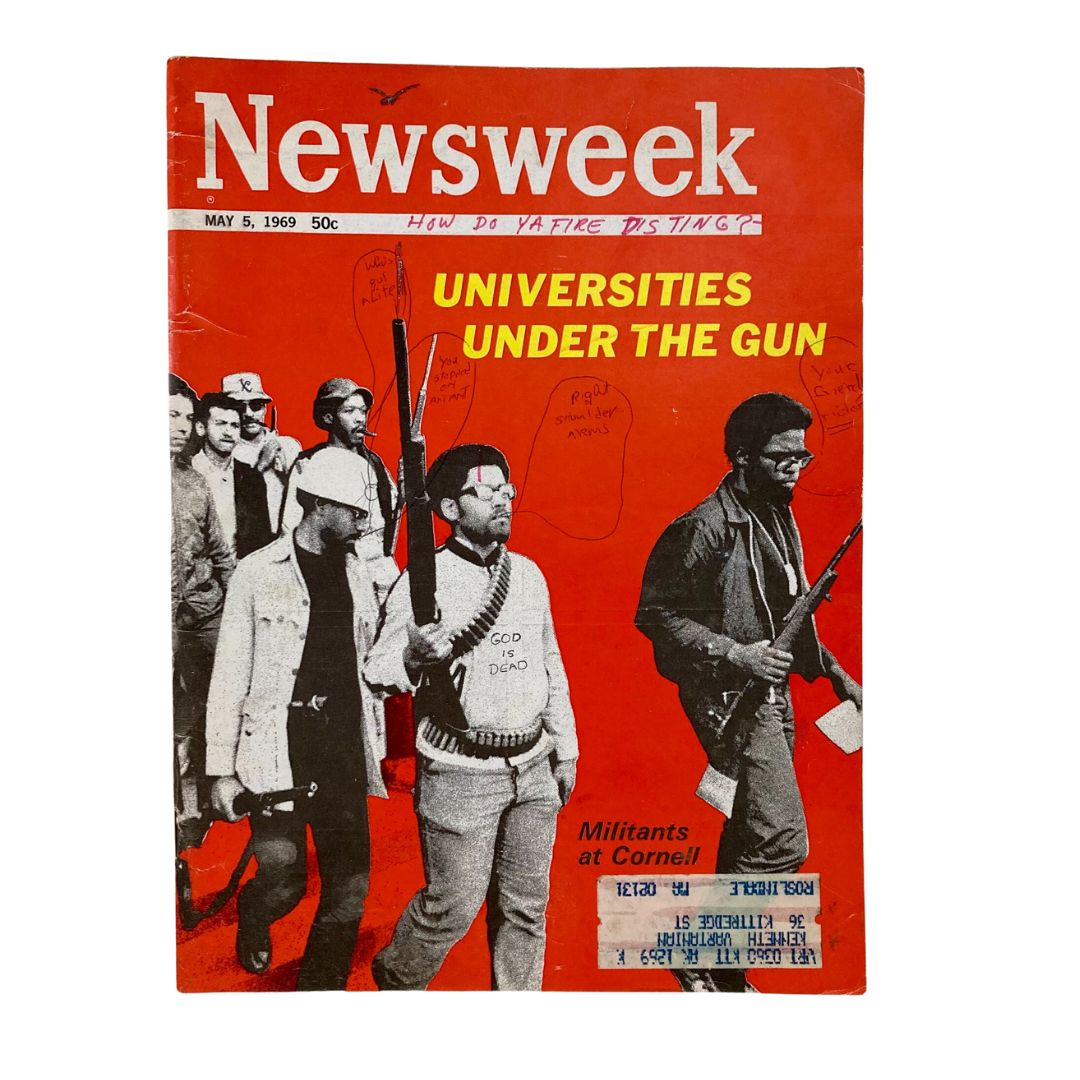 VTG Newsweek Magazine May 5 1969 featuring the cover story 'Universities Under The Gun: Militants at Cornell' showcasing a historic protest scene with individuals holding firearms.