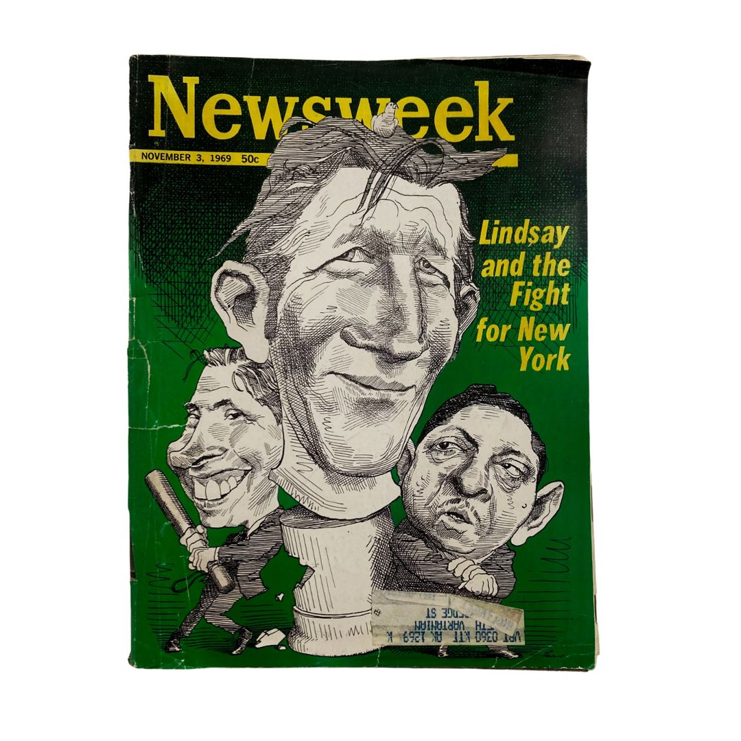 Cover of VTG Newsweek Magazine November 3 1969 featuring caricatures of political figures, prominently displaying John Lindsay, with the title 'Lindsay and the Fight for New York'.