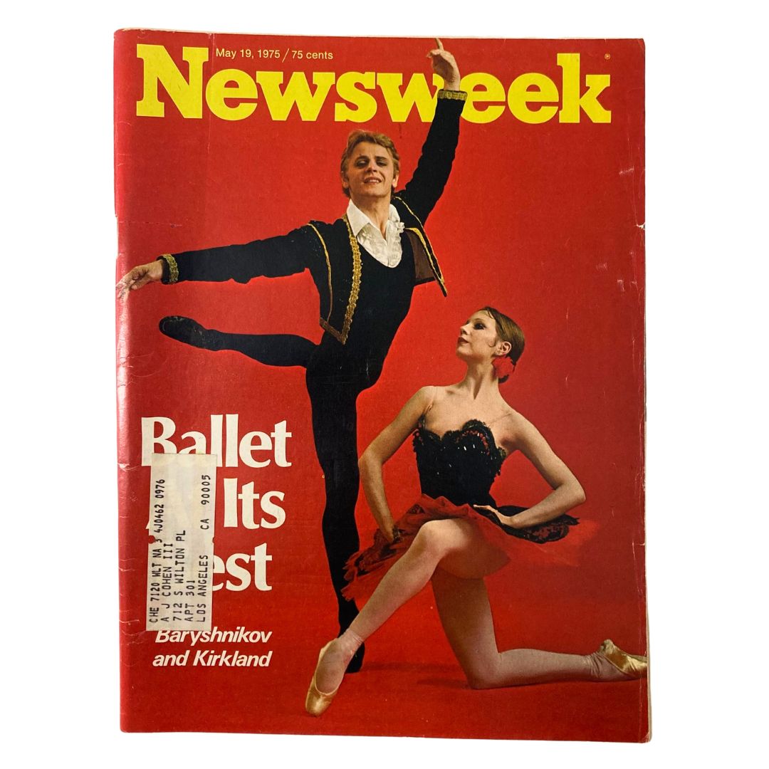 Vintage Newsweek Magazine cover from May 19, 1975, featuring Mikhail Baryshnikov and Gelsey Kirkland showcasing ballet at its best.