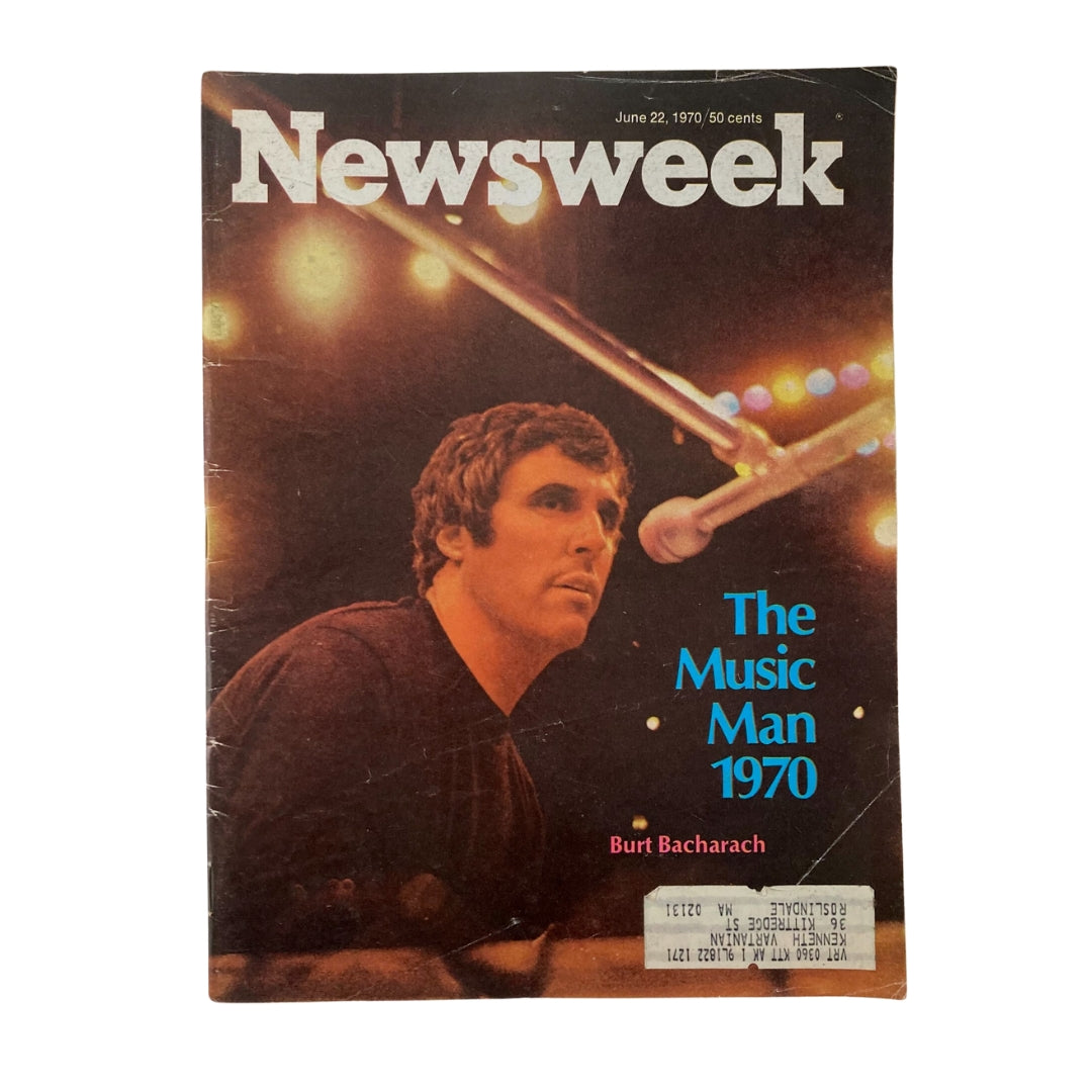 Cover of VTG Newsweek Magazine from June 22, 1970 featuring Burt Bacharach, titled 'The Music Man 1970,' showcasing the iconic musician in a performance setting with vibrant lighting.