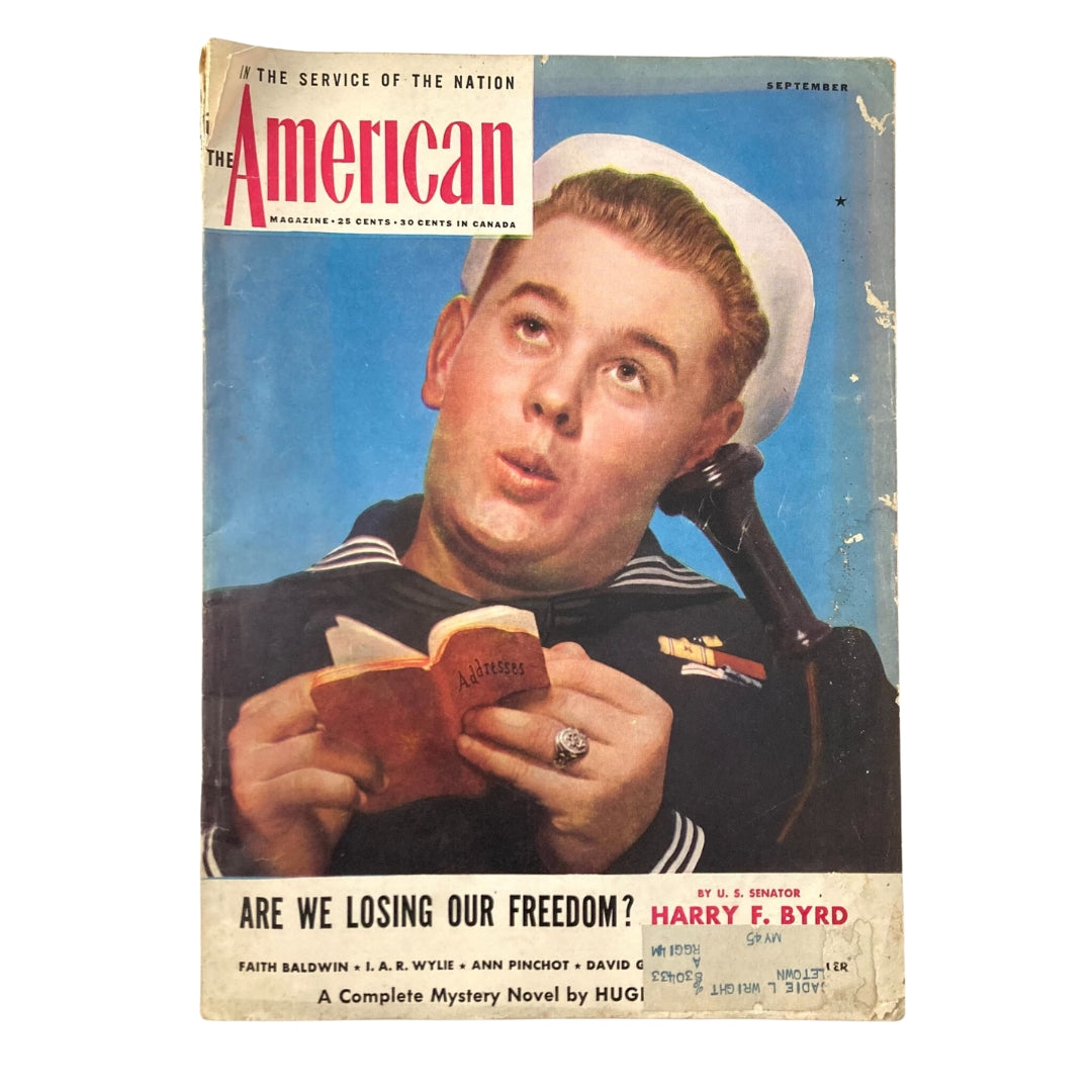 Cover of VTG The American Magazine September 1943 featuring an article by Harry F. Byrd titled 'Losing Our Freedom', showcasing a young sailor reading.