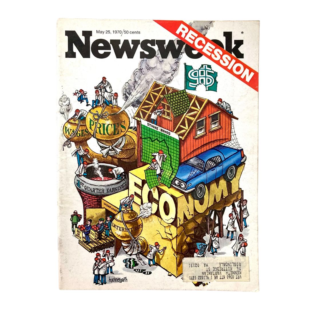 Vintage Newsweek Magazine cover from May 25, 1970, featuring themes of recession, wages, prices, and the economy, illustrated with an engaging graphic design