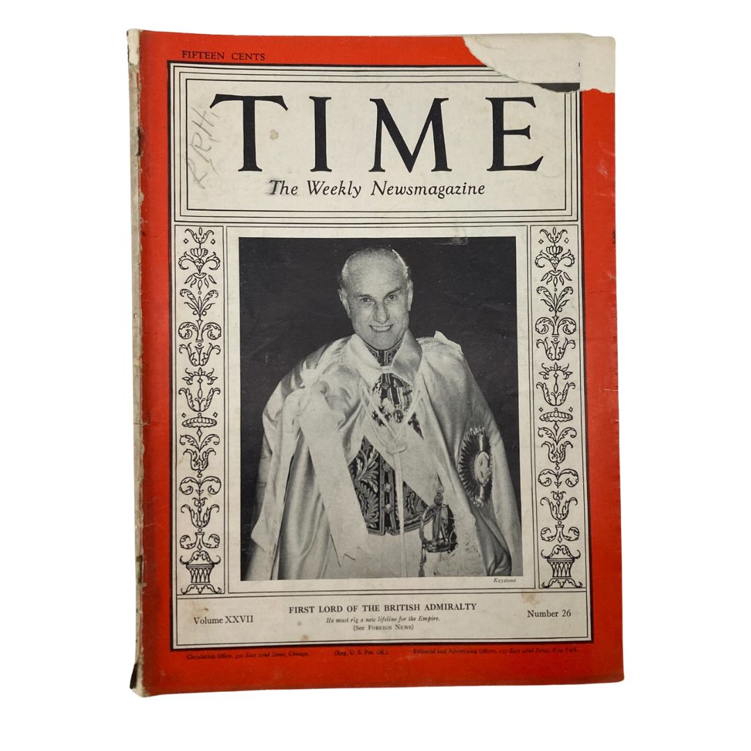 Cover of the VTG Time Magazine June 29, 1936, featuring Sir Samuel Hoare, First Lord of the British Admiralty, with a distinct red and black design.