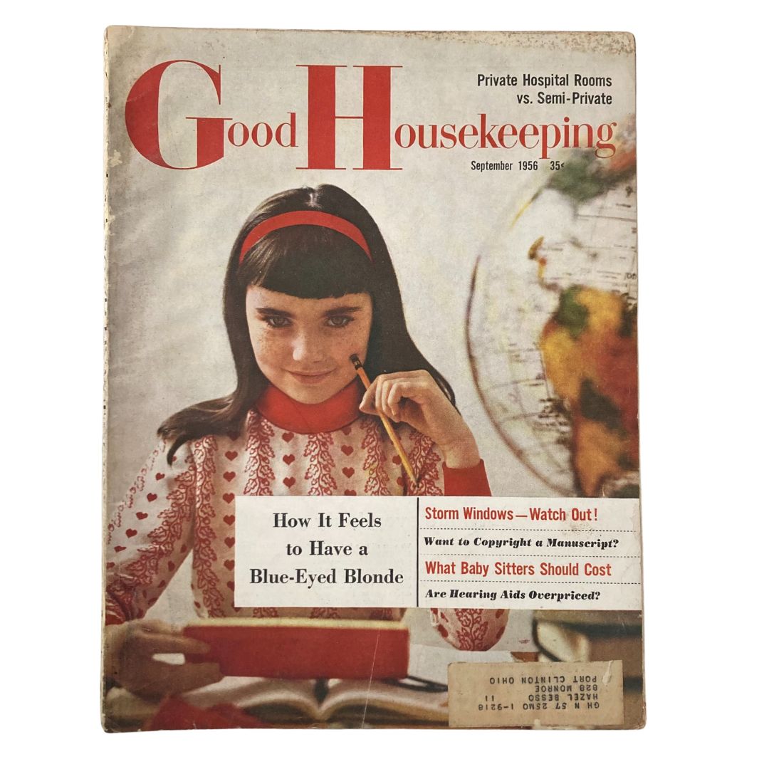 Cover of VTG Good Housekeeping Magazine from September 1956 featuring a girl with a red headband working on a reading activity, highlighting articles such as 'What Baby Sitters Should Cost'.