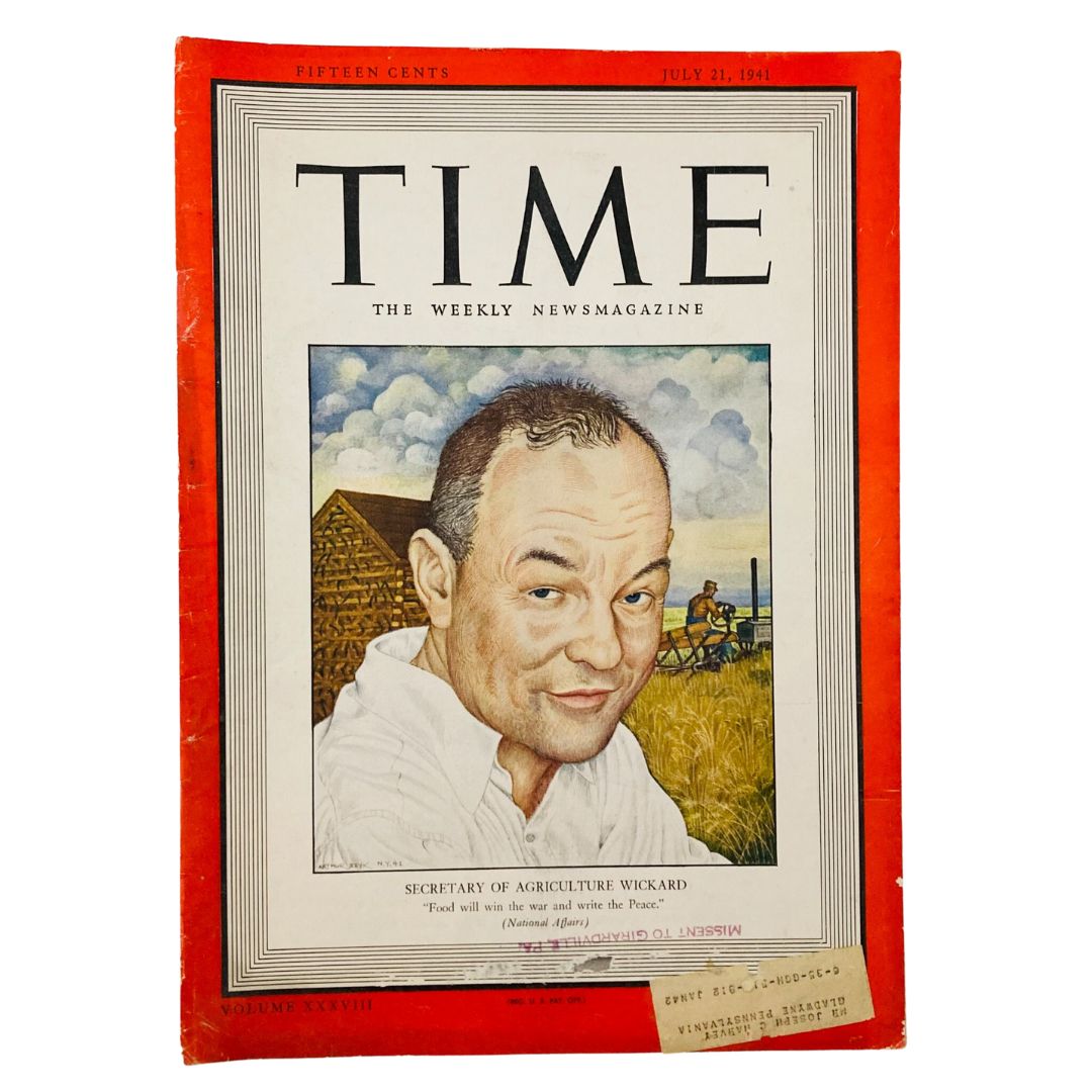 Cover of the vintage Time Magazine from July 21, 1941, featuring Secretary of Agriculture Claude Wickard, highlighting agricultural discussions during World War II.