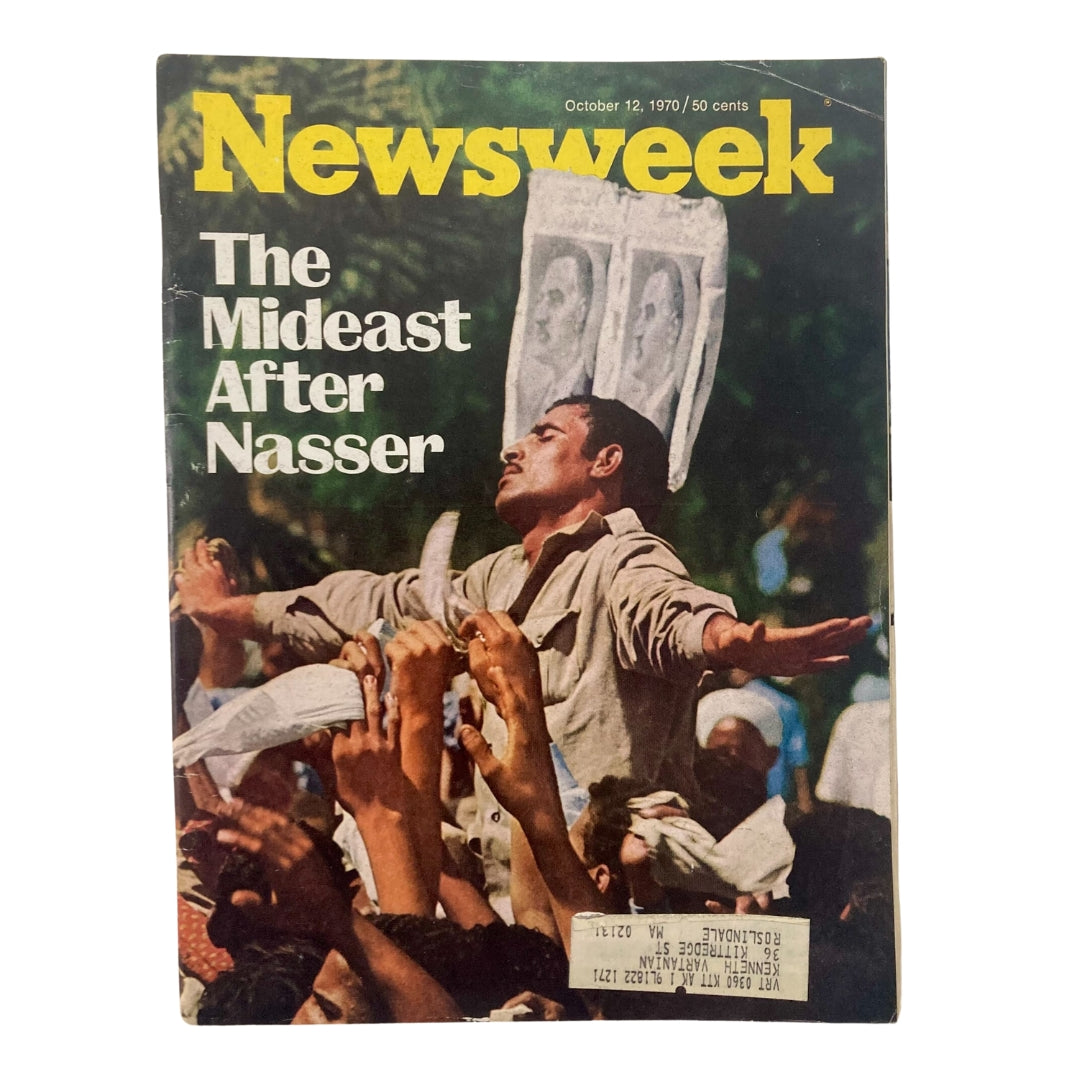Vintage Newsweek magazine cover from October 12, 1970 titled 'The Mideast After Nasser,' featuring an impactful image of a man amidst a crowd.