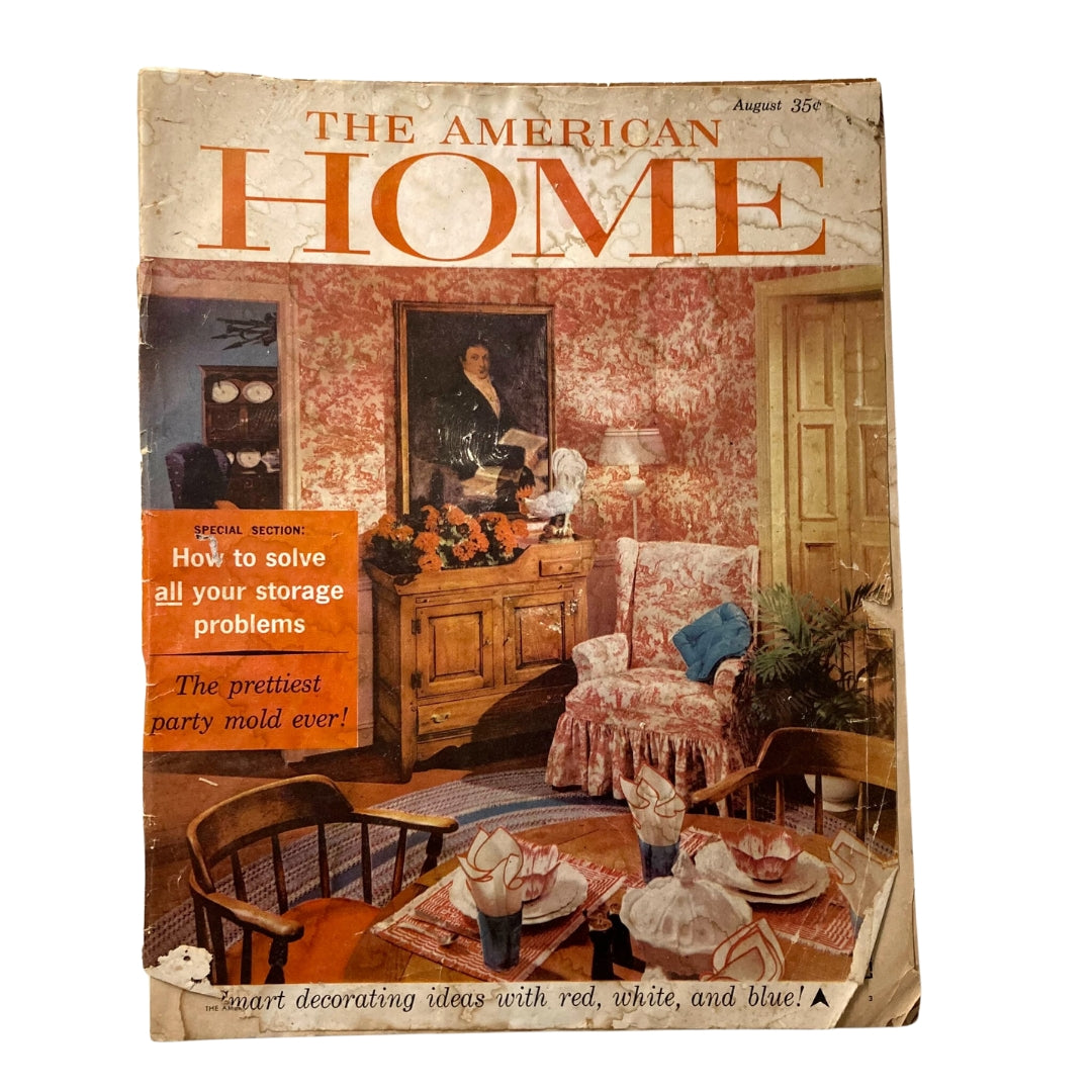 Cover of VTG The American Home Magazine August 1959 featuring a vintage living room scene, highlighting mid-century decor and style, described as a Fashion Scoop from Paris.