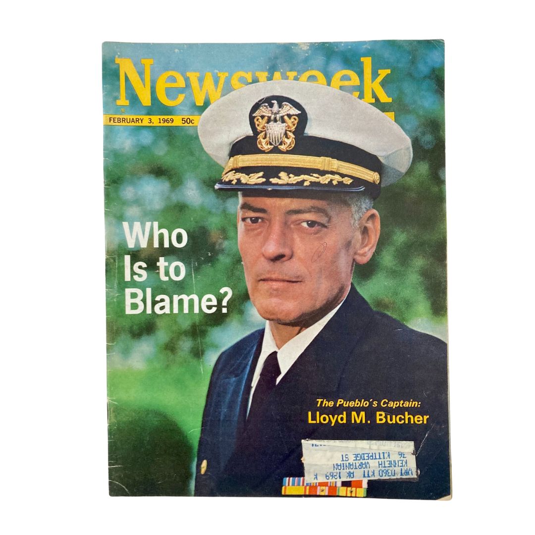 Cover of VTG Newsweek Magazine February 3, 1969 featuring Captain Lloyd M. Bucher, with the title 'Who Is to Blame?' prominently displayed.