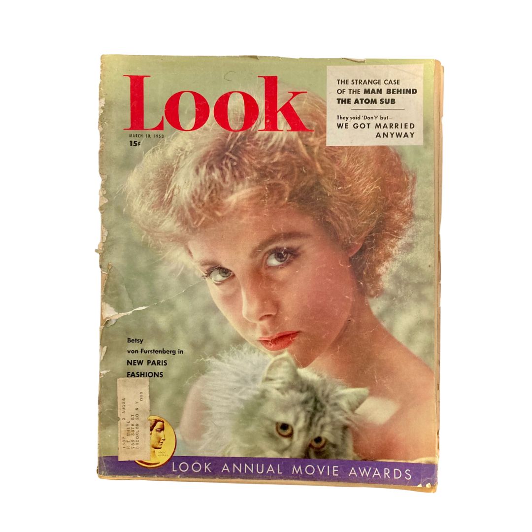 VTG Look Magazine March 10 1953 featuring a cover image of Betsy von Furstenberg with a cat, showcasing new Paris fashions.