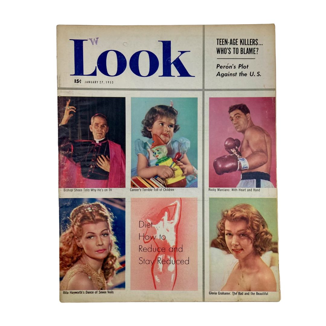 Cover of VTG Look Magazine January 27 1953 featuring Bishop Sheen, a young girl, Rocky Marciano, and Rita Hayworth, showcasing the magazine's vintage style and mid-20th century themes.