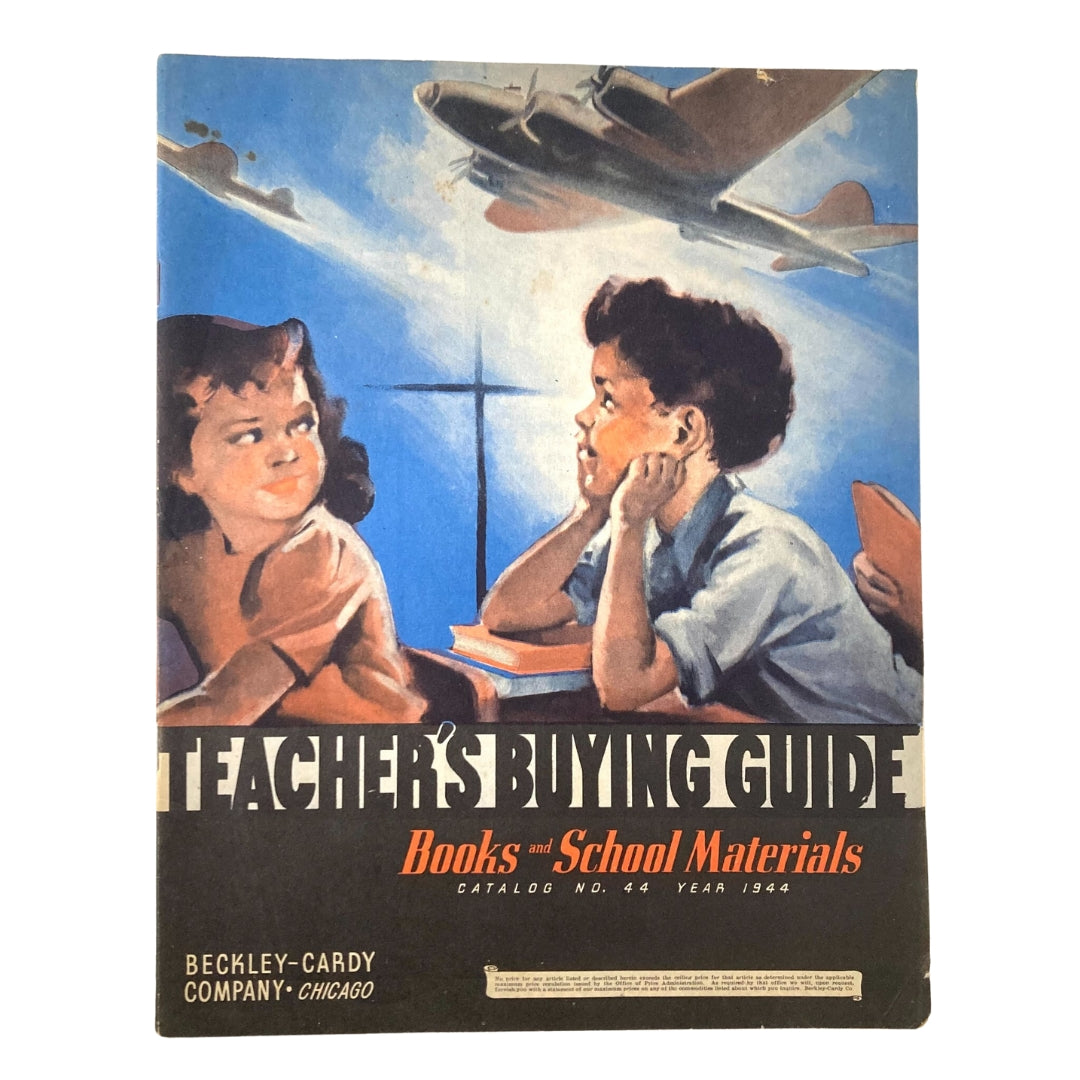 Cover of the 1944 Teacher's Buying Guide Books and School Materials No. 44 Catalog featuring children in a classroom setting with a plane in the background.