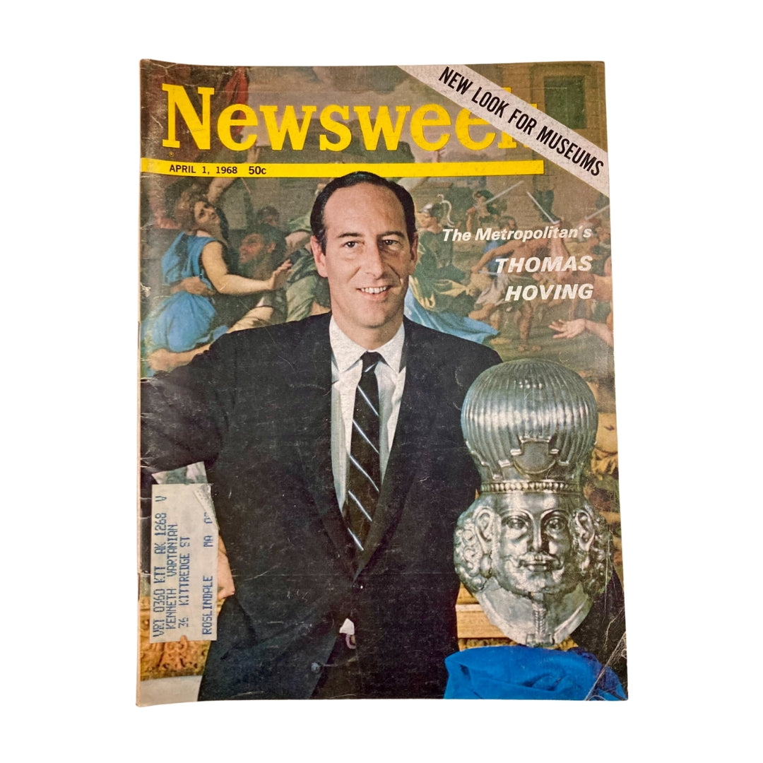 Cover of VTG Newsweek Magazine from April 1, 1968 featuring Thomas Hoving, director of The Metropolitan Museum of Art, showcasing a vintage look into art history.