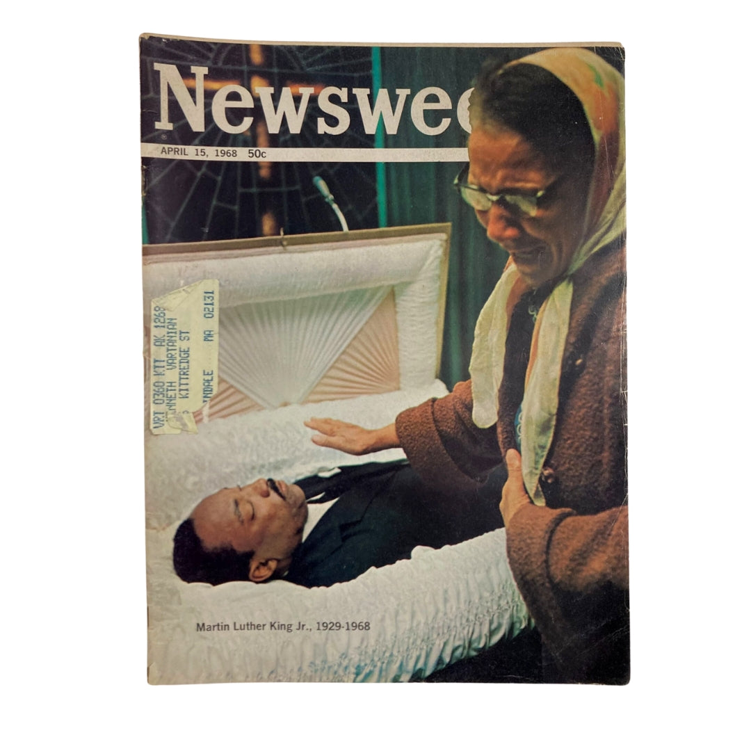 VTG Newsweek Magazine April 15 1968 featuring a cover image of a distraught woman next to the coffin of Martin Luther King Jr., commemorating his legacy from 1929-1968.