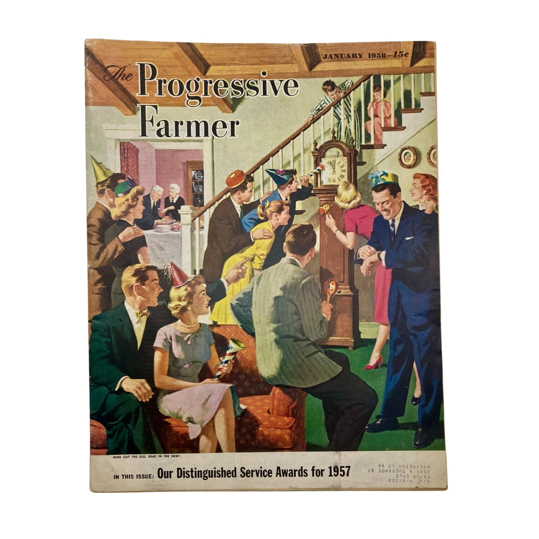 Cover of The Progressive Farmer Magazine January 1958 featuring a festive New Year's gathering, illustrating a vibrant scene of people celebrating with party hats and noisemakers.