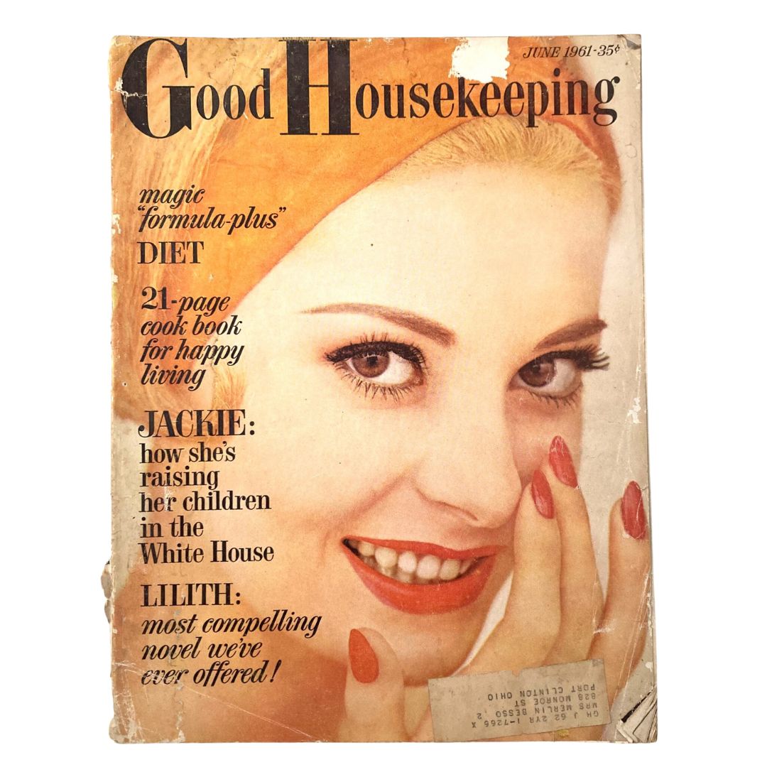 Cover of VTG Good Housekeeping Magazine June 1961 featuring Jackie Kennedy, showcasing vintage design and cultural elements from the 1960s.