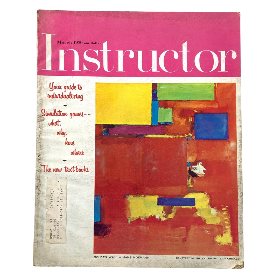VTG Instructor Magazine March 1970 featuring vibrant cover art with a color block design, highlighting simulation games and textbooks. This collectible vintage magazine offers insights into educational trends of the 1970s.
