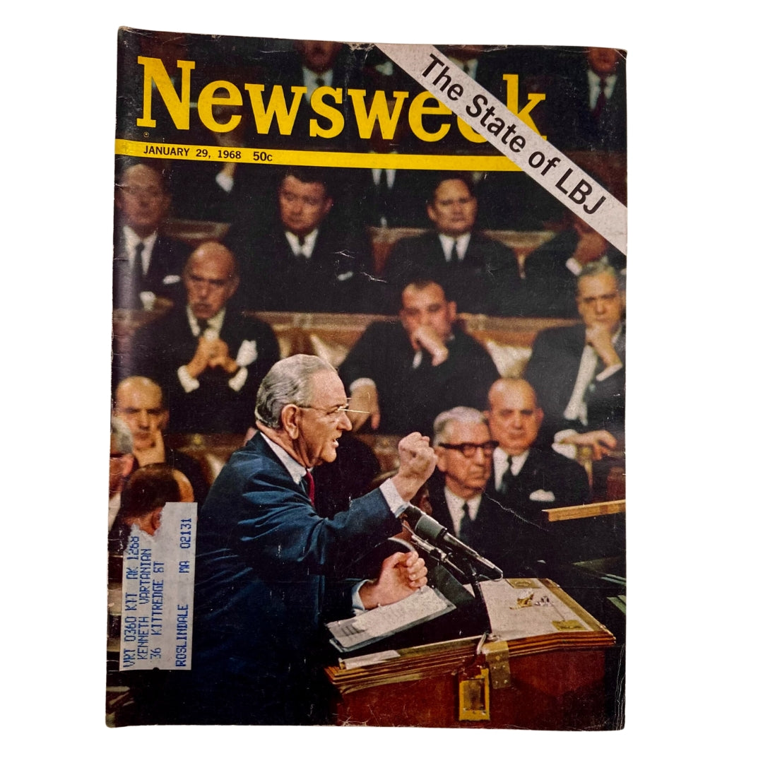Cover of VTG Newsweek Magazine from January 29, 1968, featuring the title 'The State of LBJ', showcasing Lyndon B. Johnson delivering a speech with a backdrop of an audience.