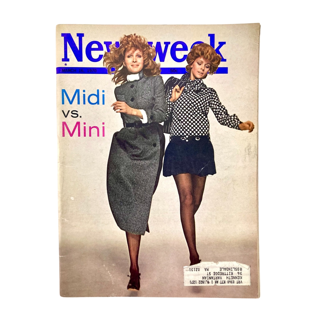 VTG Newsweek Magazine March 16 1970 featuring the cover with models showcasing the Midi vs Mini fashion trend, highlighting Christian Dior's influence on style.