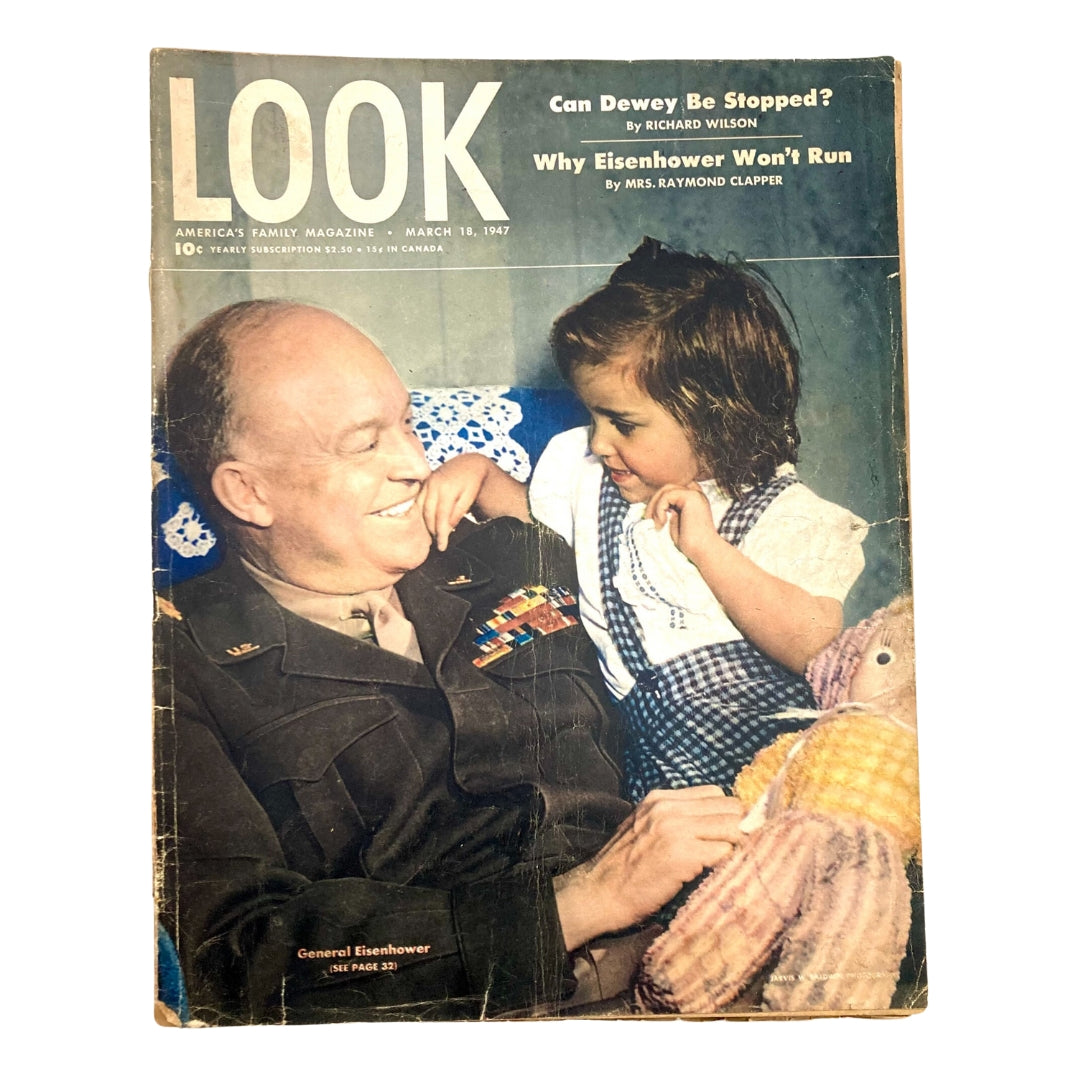 Cover of VTG Look Magazine March 18, 1947 featuring General Dwight D. Eisenhower with a child, highlighting the issue's cultural context and history.