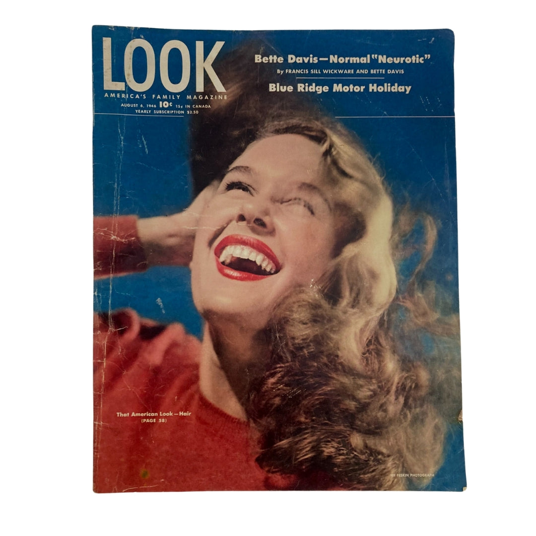 Cover of VTG Look Magazine August 6, 1946 featuring 'That American Look' with a smiling woman, showcasing vintage hair trends.