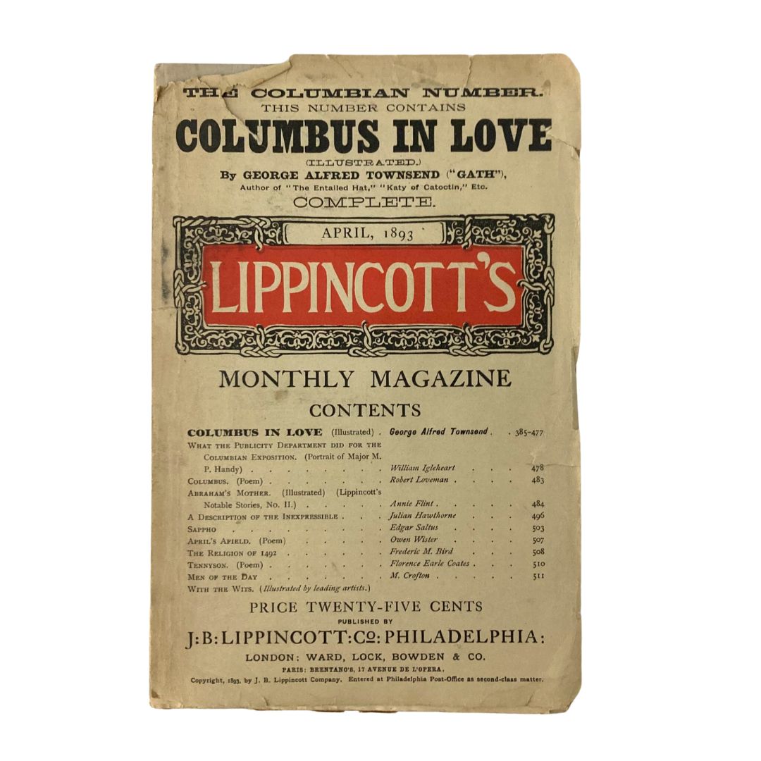 Lippincott's Magazine April 1893 Columbus In Love - "Gath" No Label