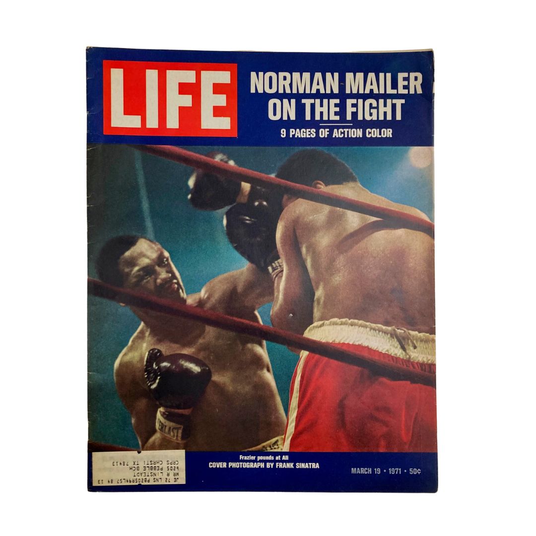 Cover of VTG Life Magazine March 19 1971 featuring Muhammad Ali and Joe Frazier, with a photo by Frank Sinatra capturing an iconic boxing moment.