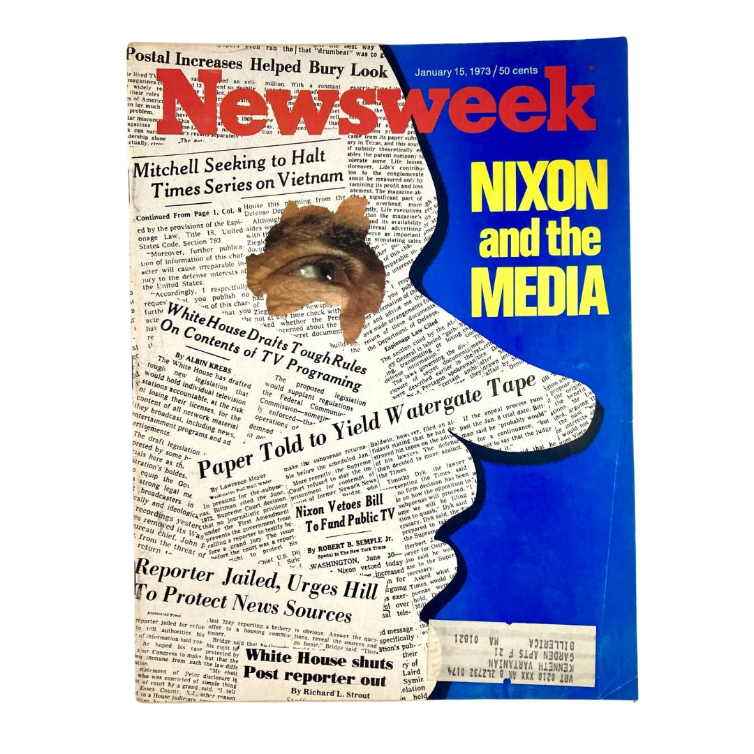 VTG Newsweek Magazine January 15 1973 cover featuring Richard Nixon and The Media, showcasing newspaper clippings related to Watergate and media coverage during Nixon's presidency.
