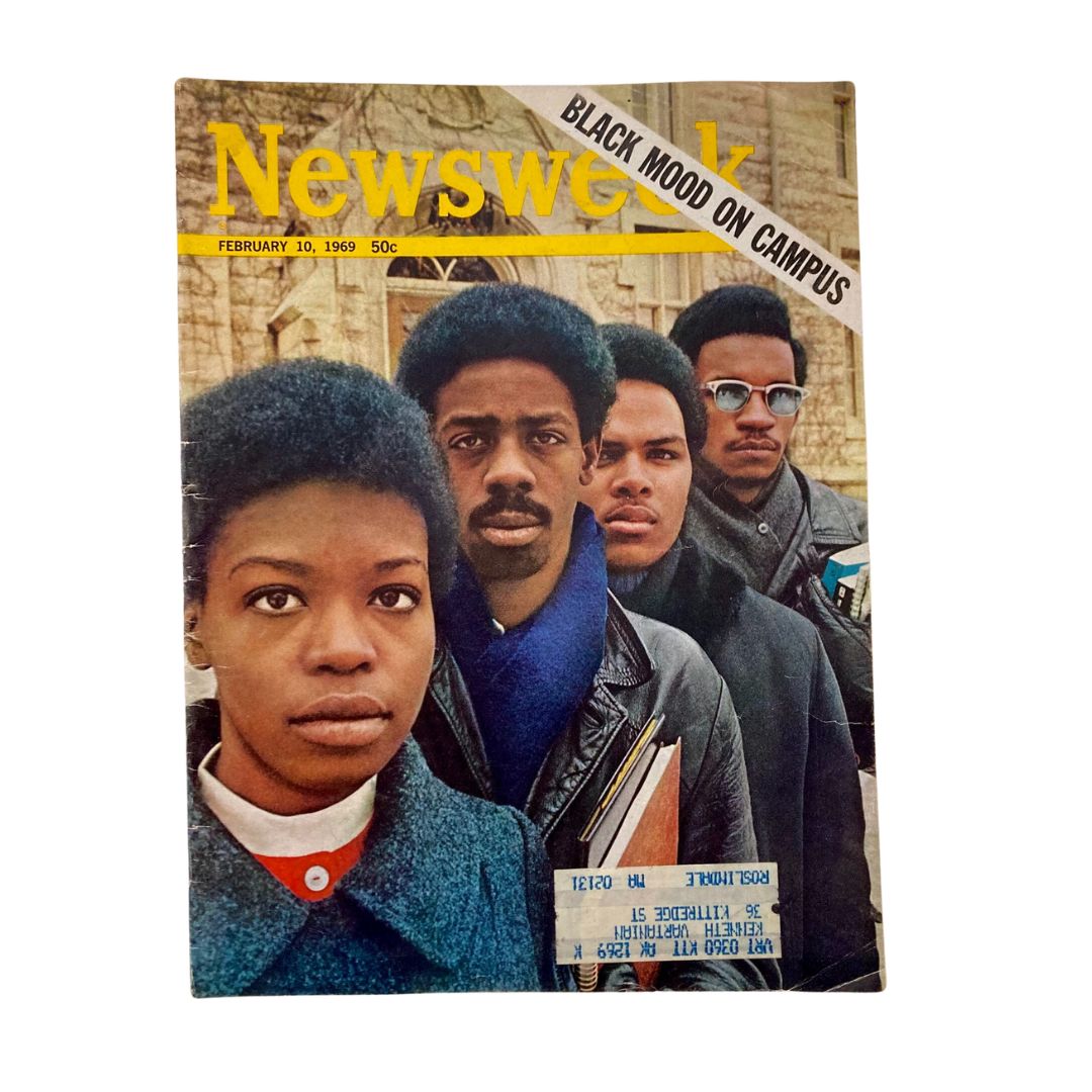 Cover of VTG Newsweek Magazine February 10, 1969 featuring the headline 'Black Mood on Campus', showcasing four students with a focus on their expressions and fashion, capturing the essence of the social climate during the late 1960s.