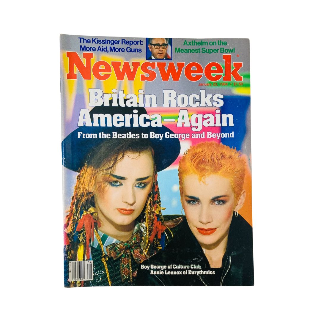 VTG Newsweek Magazine January 23 1984 featuring Boy George and Annie Lennox on the cover, highlighting Britain's cultural impact in America.