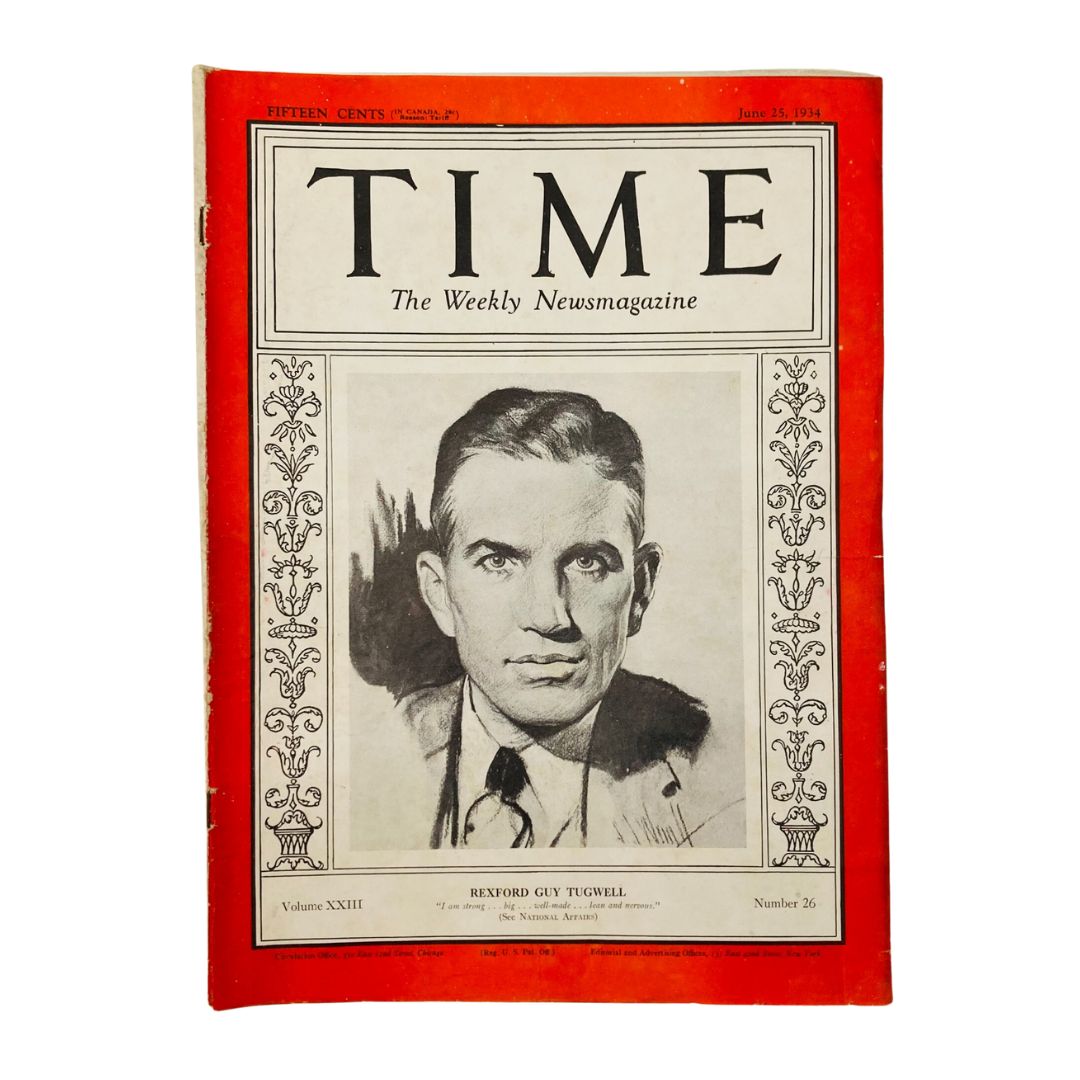 Vintage Time Magazine June 25, 1934, featuring Vol 23 No. 26 and a portrait of Rexford Guy Tugwell on the cover, showcasing historical journalism from the 1930s.