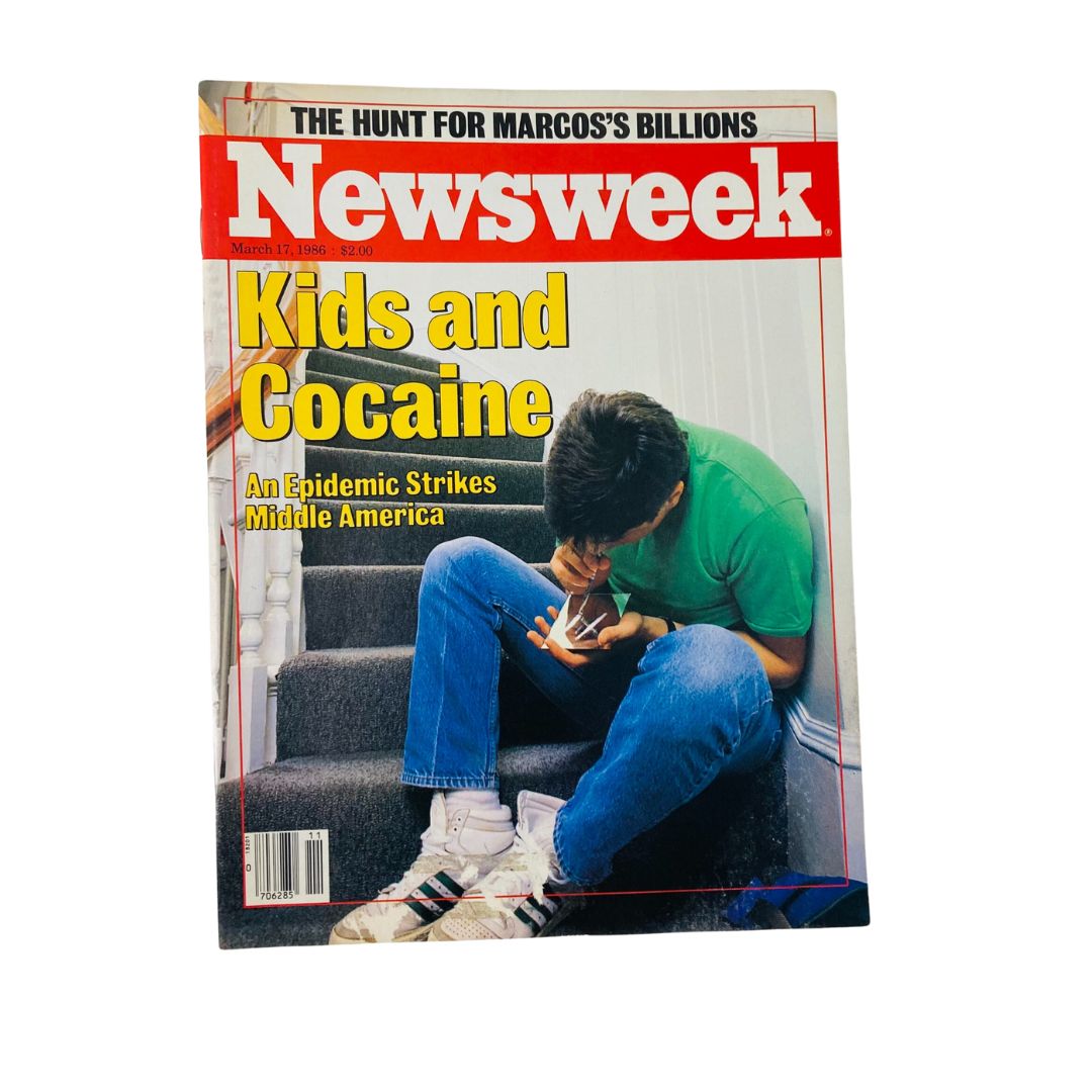Cover of VTG Newsweek Magazine March 17 1986 featuring the headline 'Kids and Cocaine: An Epidemic Strikes Middle America' with a notable image depicting a young person on stairs.
