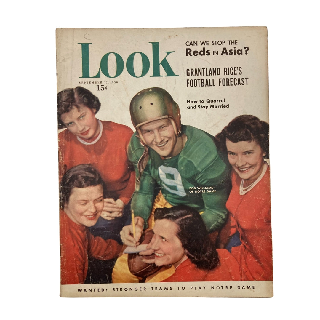 VTG Look Magazine September 12 1950 featuring Bob Williams of Notre Dame on the cover, showcasing an iconic vintage aesthetic with football players and women in 1950s attire.