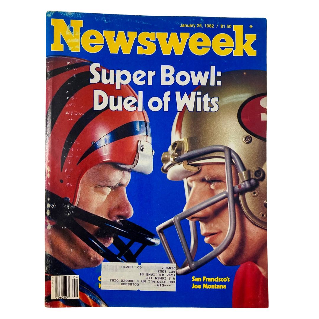 Cover of VTG Newsweek Magazine January 25 1982 featuring a face-off between NFL stars Ken Anderson in a Bengals helmet and Joe Montana in a 49ers helmet, highlighting the Super Bowl matchup.