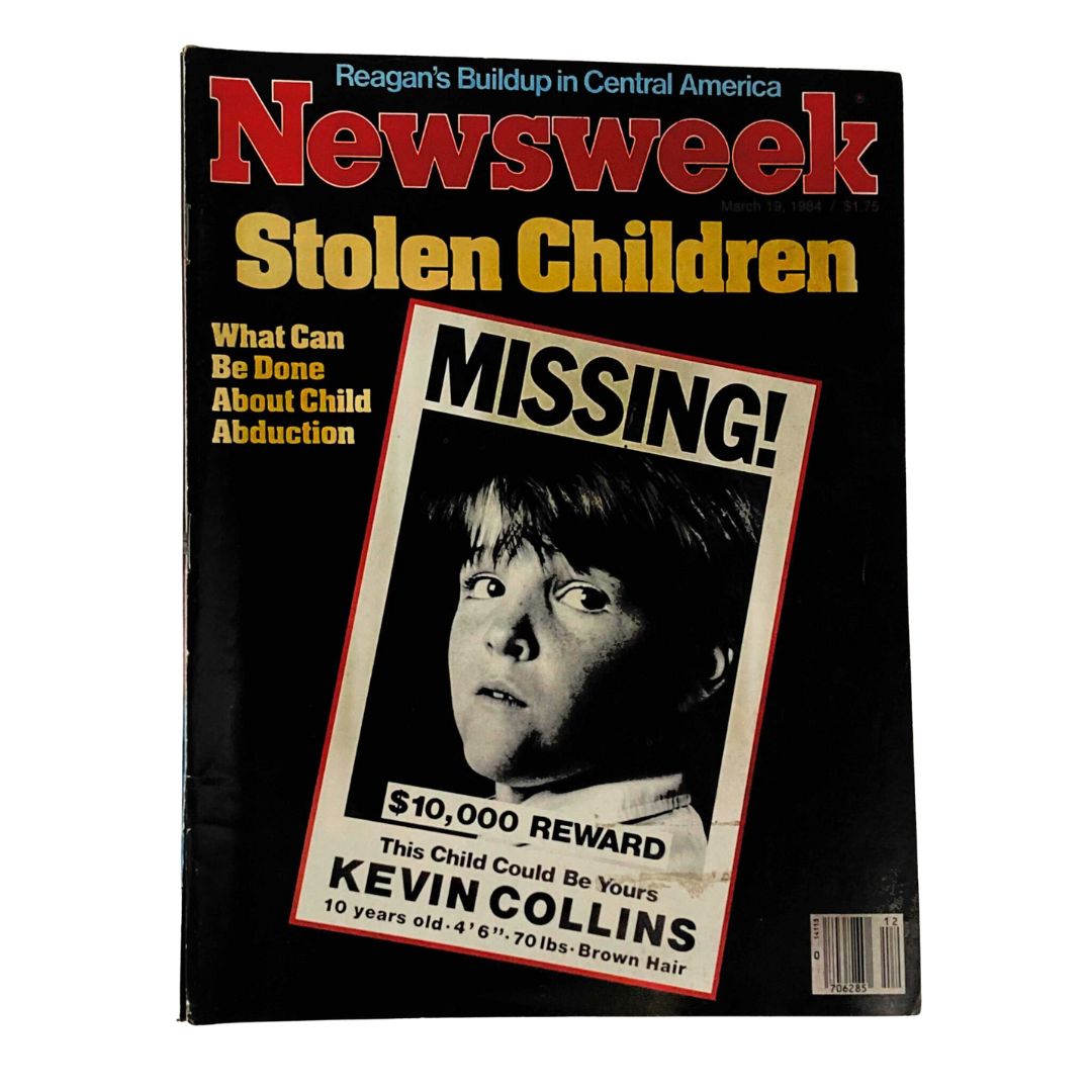 VTG Newsweek Magazine March 19 1984 cover featuring the title 'Stolen Children' with a missing child alert for Kevin Collins, emphasizing child abduction awareness.