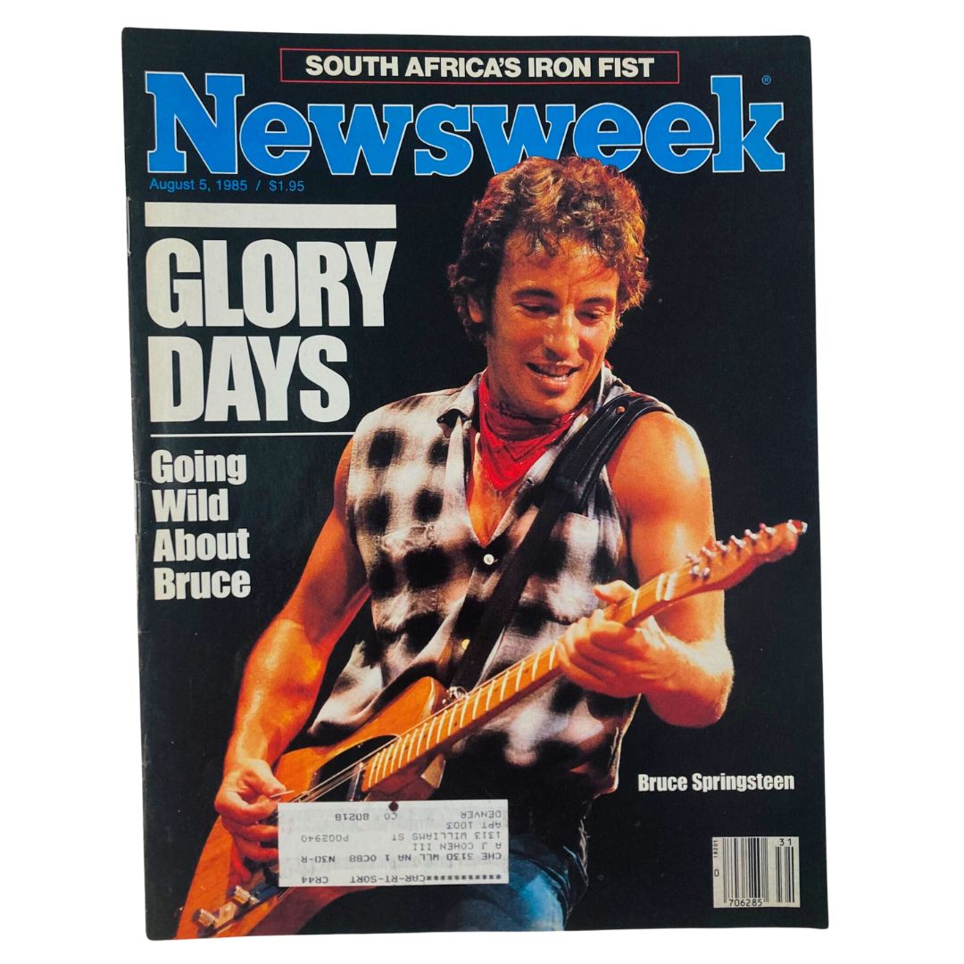 Vintage Newsweek magazine cover from August 5, 1985 featuring Bruce Springsteen, titled 'Glory Days', showcasing the iconic musician performing with a guitar.