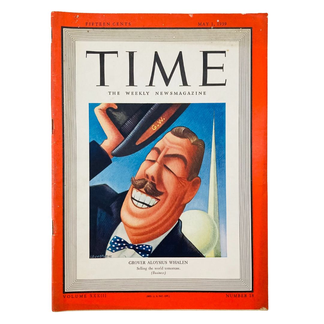 Vintage Time Magazine cover from May 1, 1939, showcasing Grover Aloysius Whalen with a cheerful expression, representing Volume 33, Number 18.