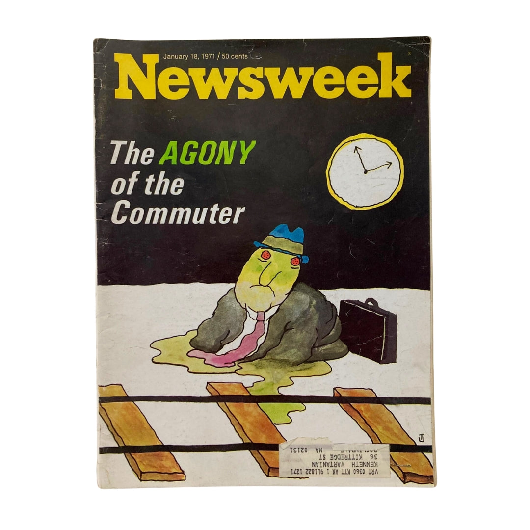 VTG Newsweek Magazine January 18 1971 cover featuring a colorful illustration of a commuter resembling a frog in distress, titled 'The Agony of the Commuter'.