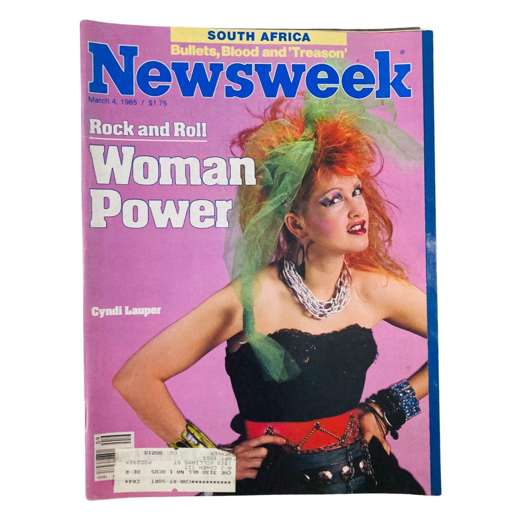 VTG Newsweek Magazine March 4 1985 cover featuring Cyndi Lauper, highlighting 'Rock and Roll Woman Power' with vibrant colors and iconic 1980s fashion.