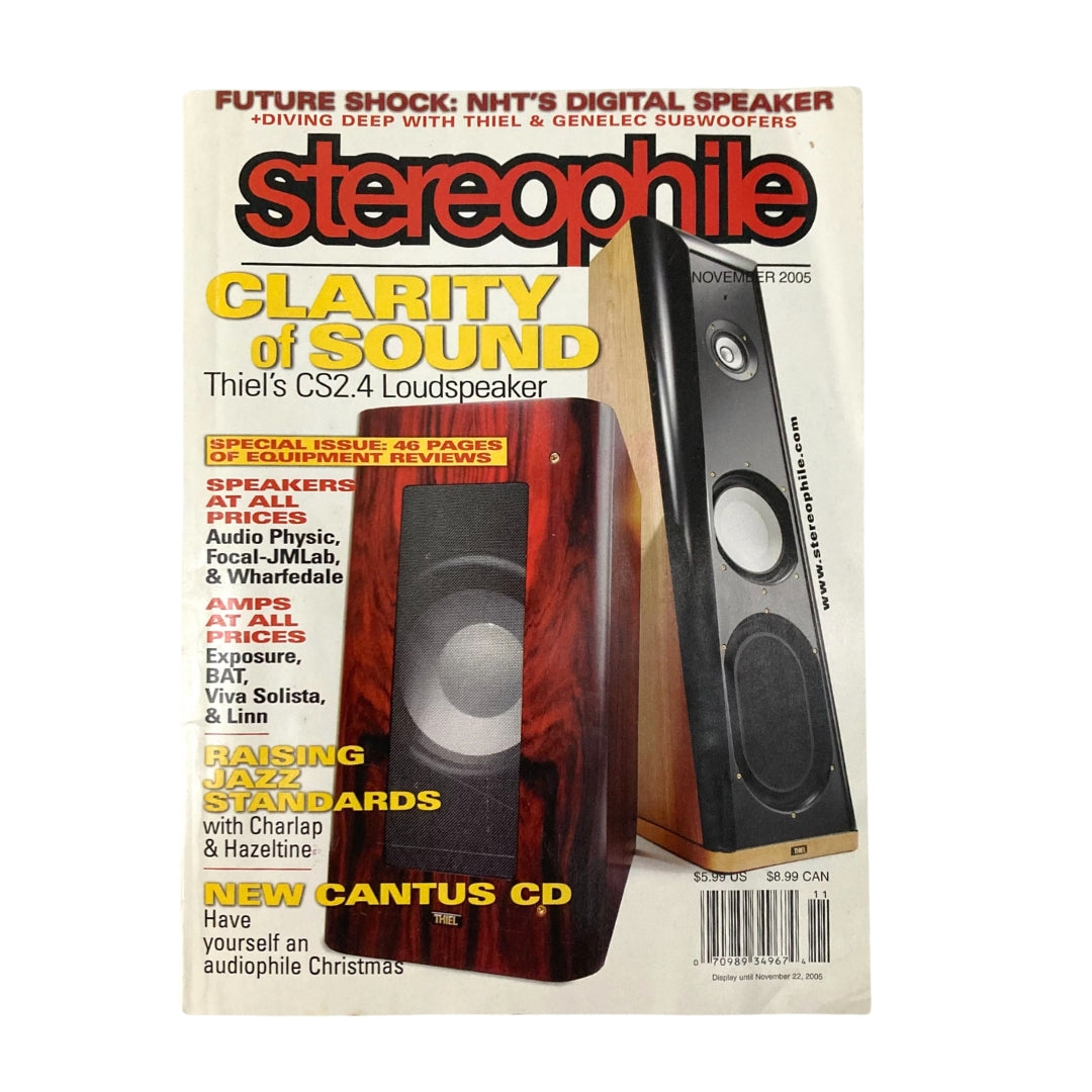 Stereophile Magazine November 2005 cover featuring a Clarity of Sound CS2.4 Loudspeaker, showcasing high-end audio equipment with colorful design elements and various featured articles.