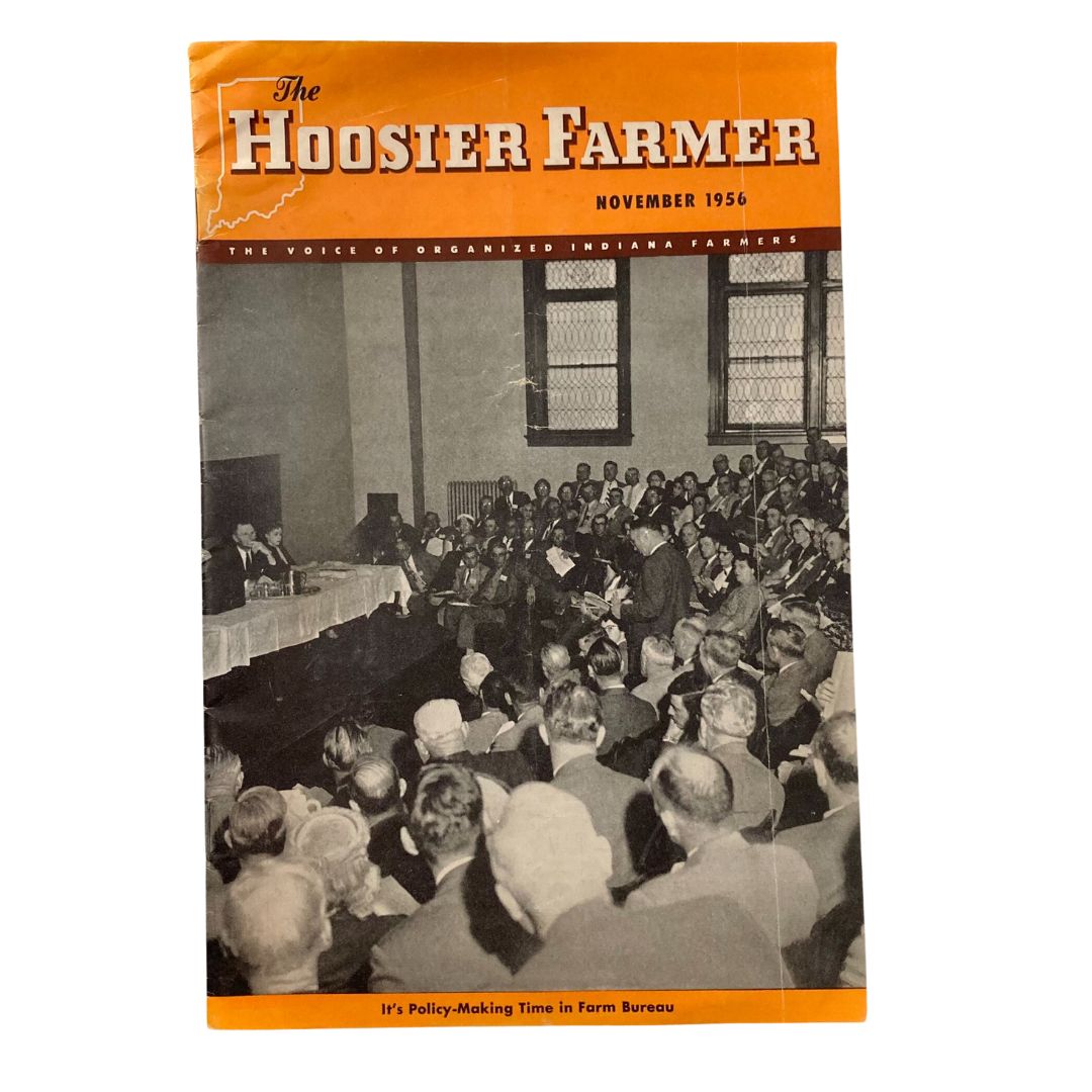 Cover of VTG The Hoosier Farmer Magazine November 1956 featuring the theme 'Policy-Making Time in Farm Bureau' with a crowd at a meeting.